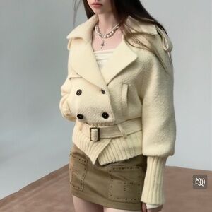 Cream Double-Breasted Wool-Blend Pea Coat with Belt